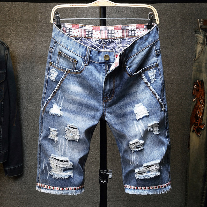 Men Fit Hole Straight Denim Jeans Shorts