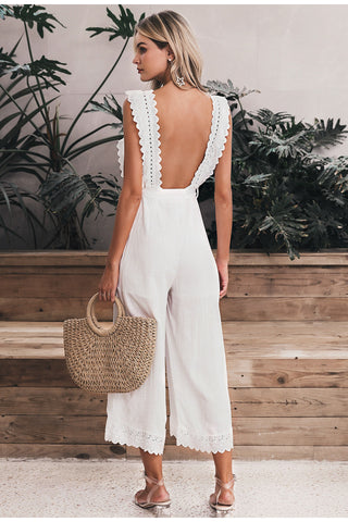 Image of Cotton linen ruffled embroidery women jumpsuit