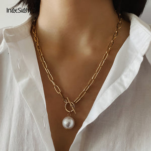 IngeSight.Z Punk Imitation Baroque Pearl Pendant Necklace Curb Cuban Thick Chain Toggle Clasp Long Necklaces for Women Jewelry