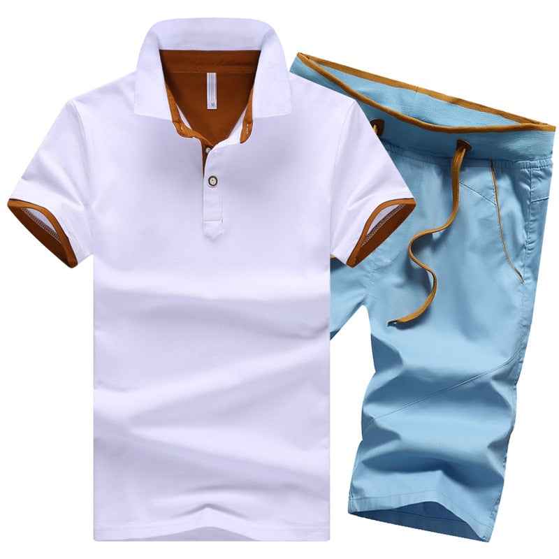 Polo Shirts Sets- 2 Piece Set Elastic Waist Shorts