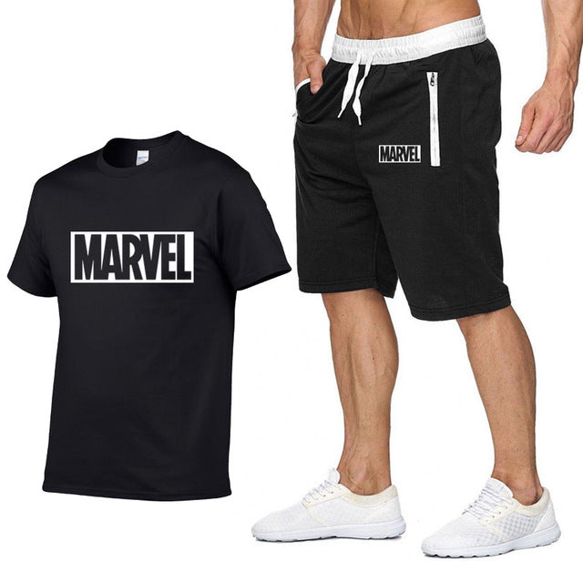 Cotton T Shirts+Shorts Men Sets-MARVEL letter printing