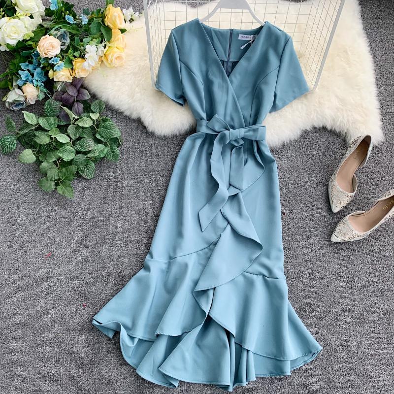 Women Ruffled Flouncing Short-sleeved Waistband Long Dress