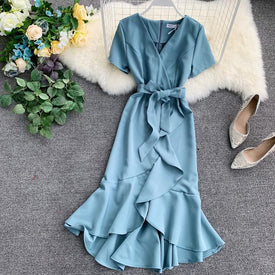 Women Ruffled Flouncing Short-sleeved Waistband Long Dress