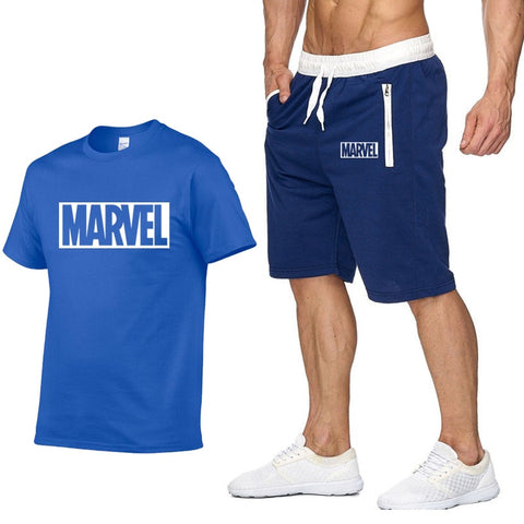 Image of Cotton T Shirts+Shorts Men Sets-MARVEL letter printing