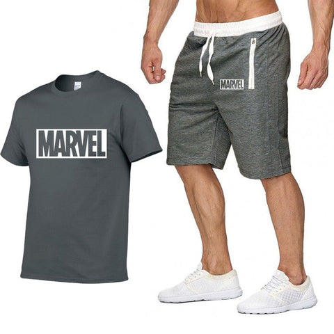 Image of Cotton T Shirts+Shorts Men Sets-MARVEL letter printing