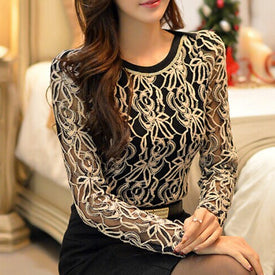 Women Elegant Long Sleeve Black Lace Chiffon Blouse