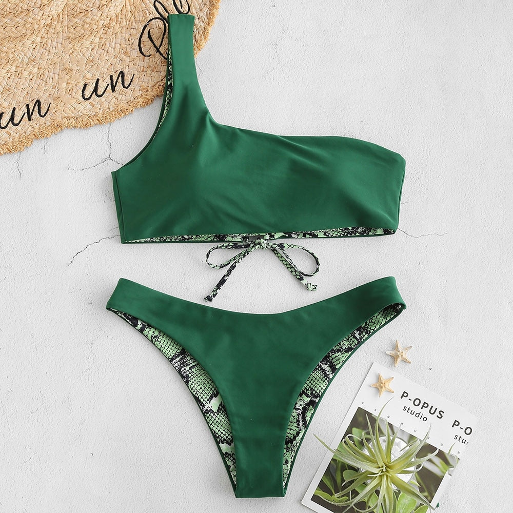 Women Snakeskin Printed One Shoulder Bikinis