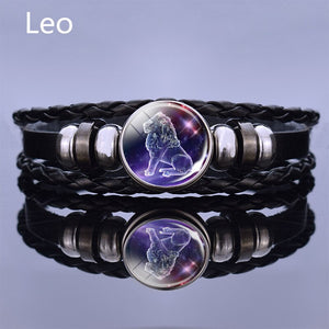 Black Multilayer Leather Bracelet 12 Constellation Bracelet Charms Zodiac Sign Glass