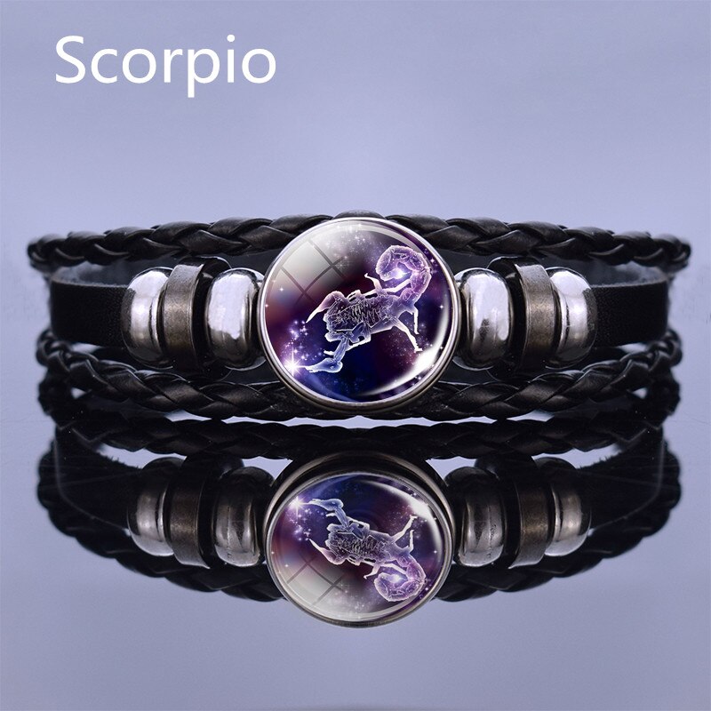 Black Multilayer Leather Bracelet 12 Constellation Bracelet Charms Zodiac Sign Glass