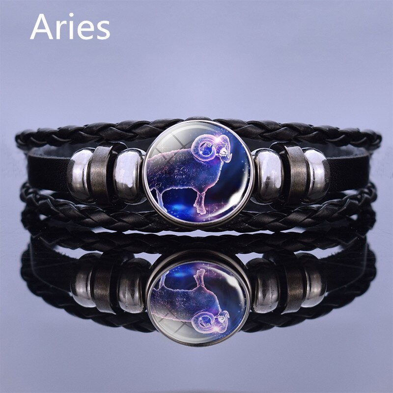 Black Multilayer Leather Bracelet 12 Constellation Bracelet Charms Zodiac Sign Glass