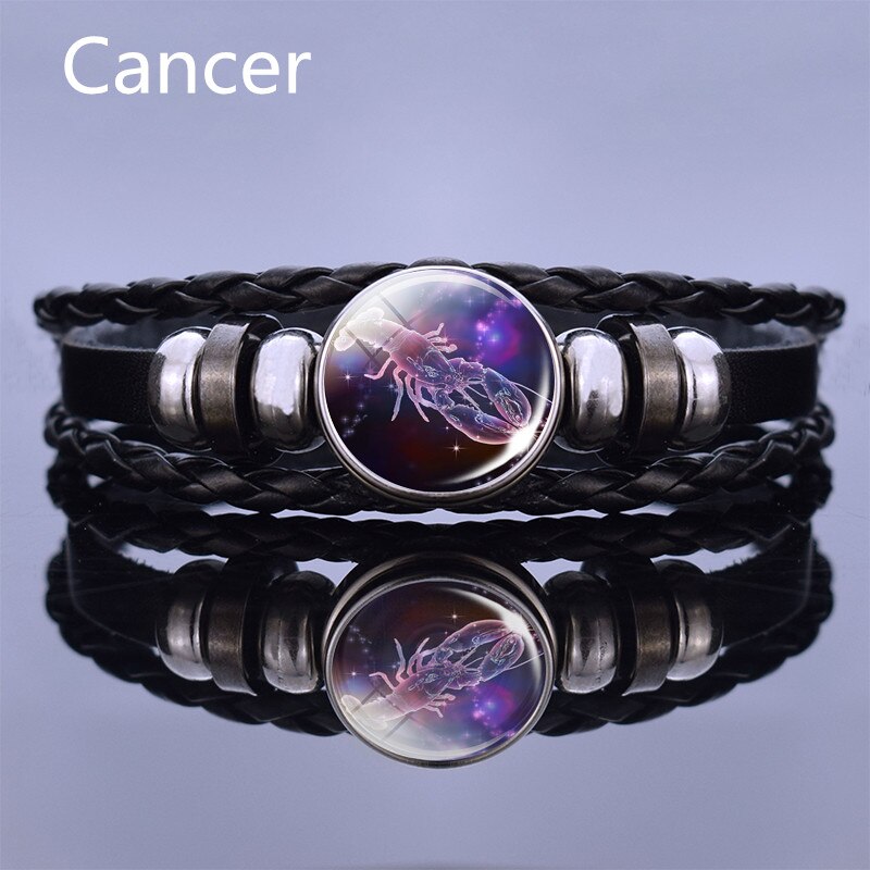 Black Multilayer Leather Bracelet 12 Constellation Bracelet Charms Zodiac Sign Glass
