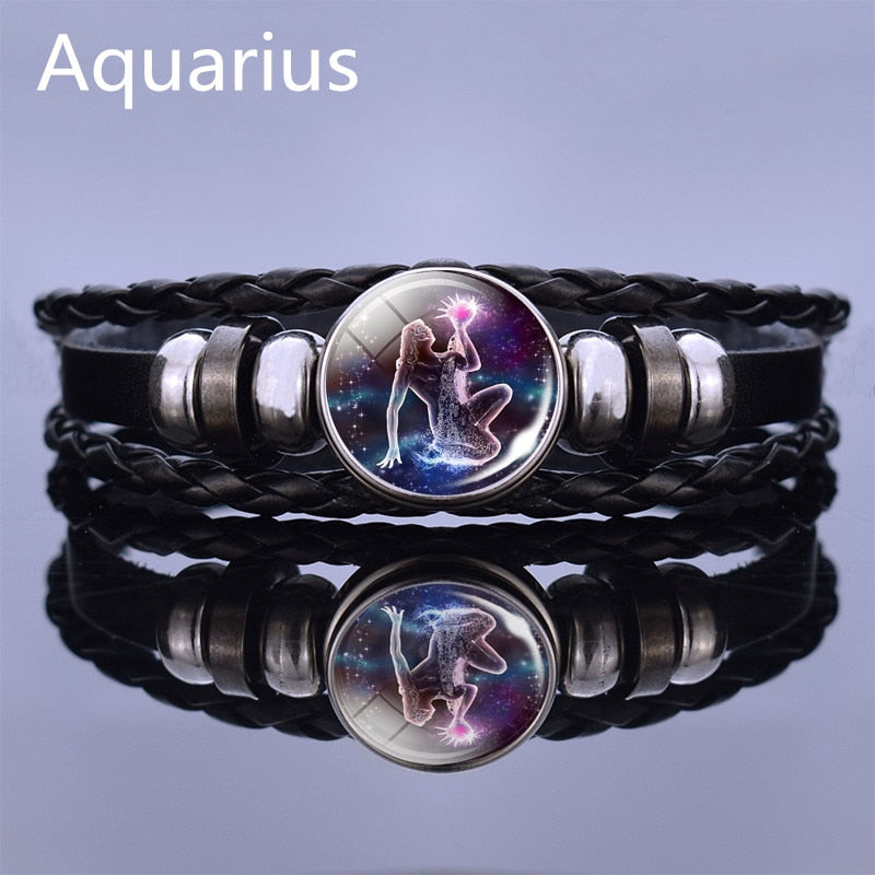 Black Multilayer Leather Bracelet 12 Constellation Bracelet Charms Zodiac Sign Glass