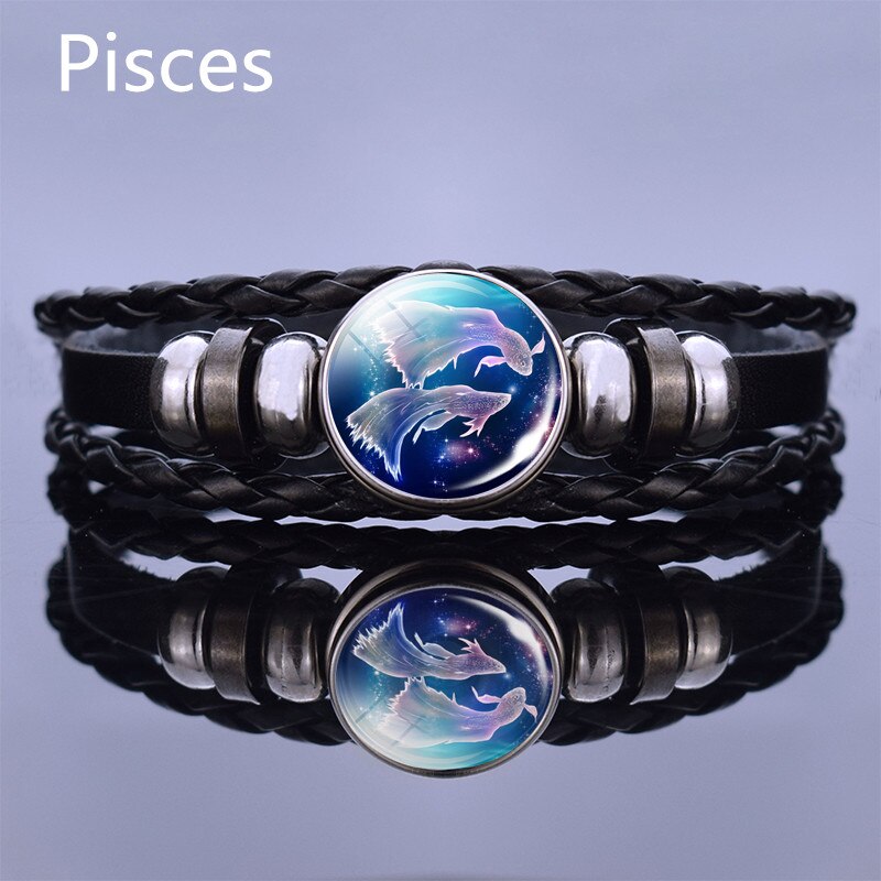 Black Multilayer Leather Bracelet 12 Constellation Bracelet Charms Zodiac Sign Glass