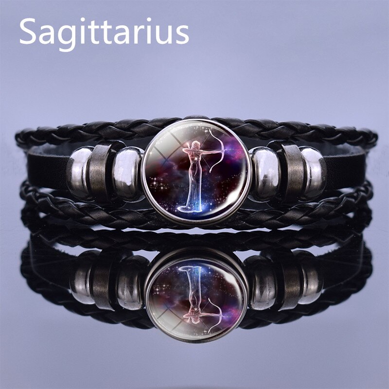Black Multilayer Leather Bracelet 12 Constellation Bracelet Charms Zodiac Sign Glass