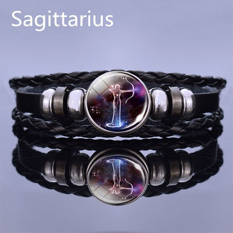 Image of Black Multilayer Leather Bracelet 12 Constellation Bracelet Charms Zodiac Sign Glass