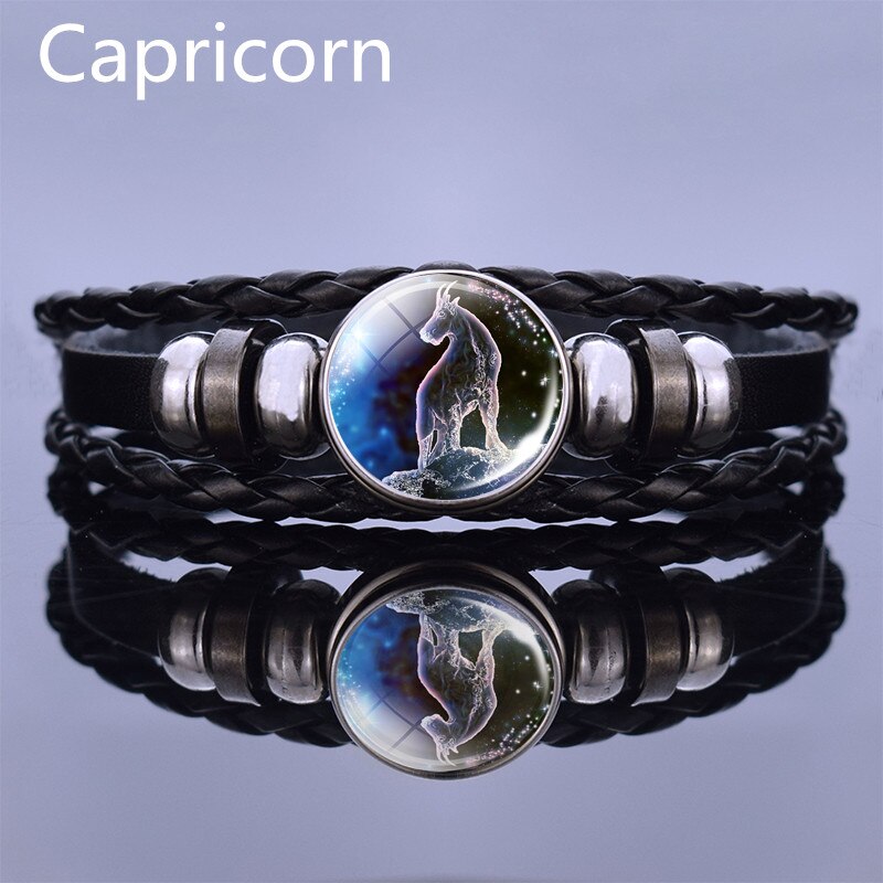 Black Multilayer Leather Bracelet 12 Constellation Bracelet Charms Zodiac Sign Glass