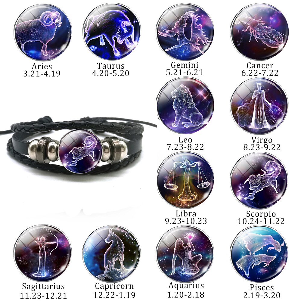 Black Multilayer Leather Bracelet 12 Constellation Bracelet Charms Zodiac Sign Glass