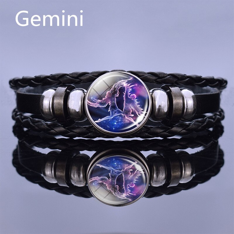 Black Multilayer Leather Bracelet 12 Constellation Bracelet Charms Zodiac Sign Glass