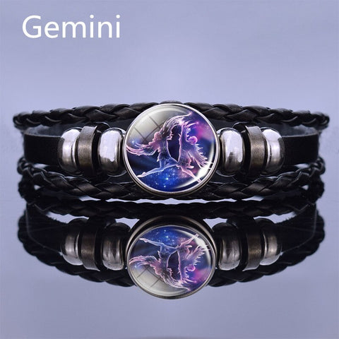 Image of Black Multilayer Leather Bracelet 12 Constellation Bracelet Charms Zodiac Sign Glass