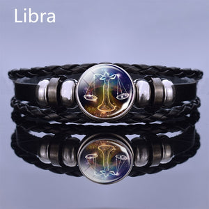 Black Multilayer Leather Bracelet 12 Constellation Bracelet Charms Zodiac Sign Glass