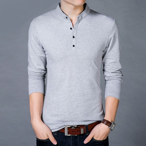 Image of New Cotton T Shirt Men Solid Color Chinese Style Mandarin Collar