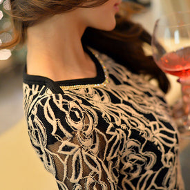 Women Elegant Long Sleeve Black Lace Chiffon Blouse