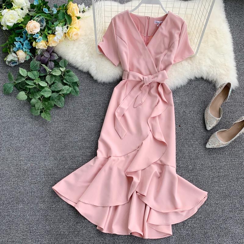 Women Ruffled Flouncing Short-sleeved Waistband Long Dress