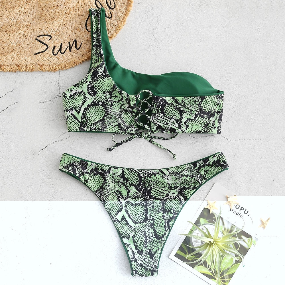 Women Snakeskin Printed One Shoulder Bikinis