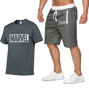 Cotton T Shirts+Shorts Men Sets-MARVEL letter printing