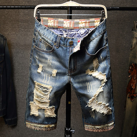 Image of Men Fit Hole Straight Denim Jeans Shorts