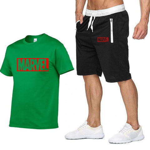 Image of Cotton T Shirts+Shorts Men Sets-MARVEL letter printing