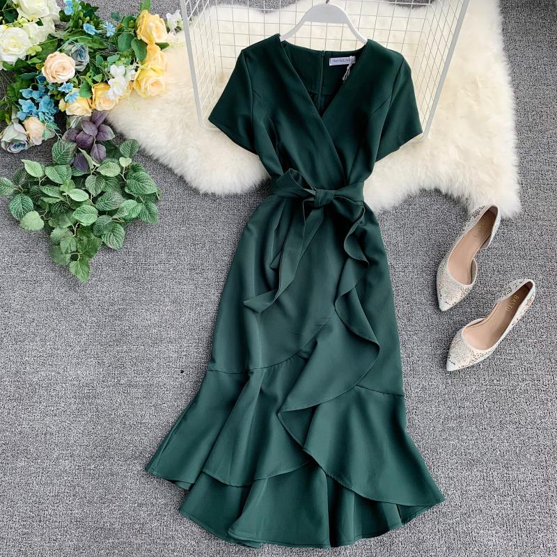 Women Ruffled Flouncing Short-sleeved Waistband Long Dress