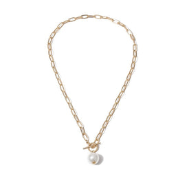 IngeSight.Z Punk Imitation Baroque Pearl Pendant Necklace Curb Cuban Thick Chain Toggle Clasp Long Necklaces for Women Jewelry