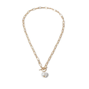 IngeSight.Z Punk Imitation Baroque Pearl Pendant Necklace Curb Cuban Thick Chain Toggle Clasp Long Necklaces for Women Jewelry