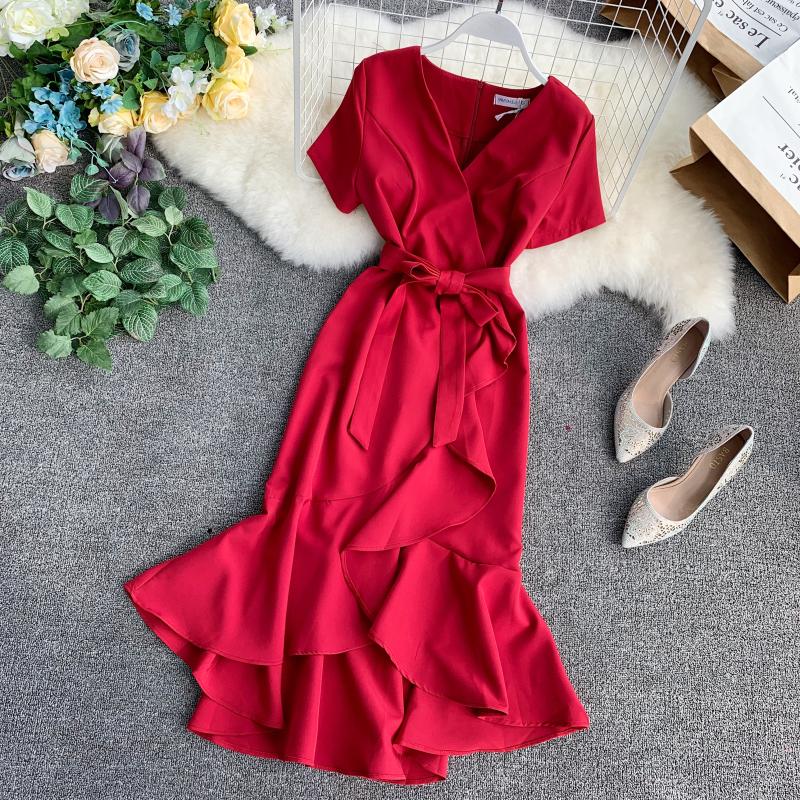 Women Ruffled Flouncing Short-sleeved Waistband Long Dress