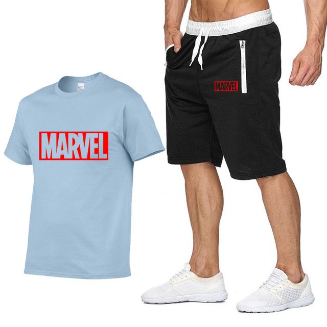 Cotton T Shirts+Shorts Men Sets-MARVEL letter printing