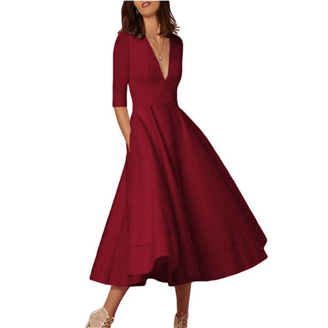 Long Dress Solid Color Female Office Casual Dress