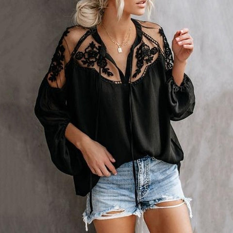 Image of Women's Casual Lace Mesh Long Sleeve Blouse