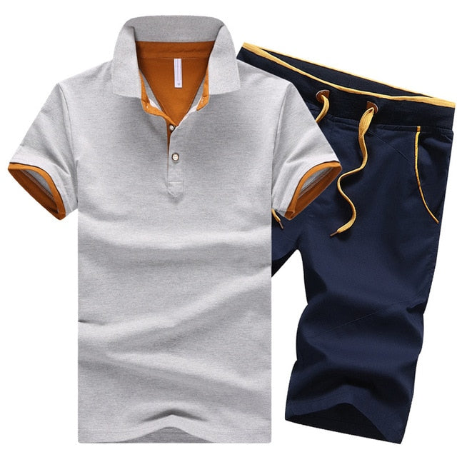 Polo Shirts Sets- 2 Piece Set Elastic Waist Shorts