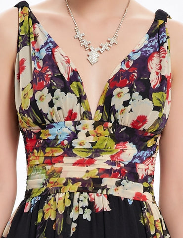 Image of Sexy Double V-neck Sleeveless Long Flower Print Chiffon Dress