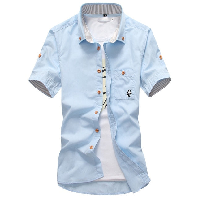 Mushroom Embroidery Mens Short Sleeve Casual Shirts