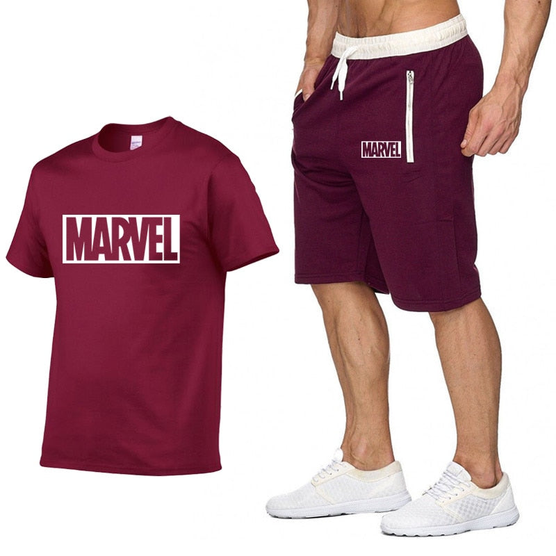 Cotton T Shirts+Shorts Men Sets-MARVEL letter printing