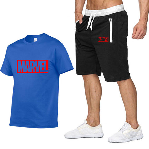 Image of Cotton T Shirts+Shorts Men Sets-MARVEL letter printing