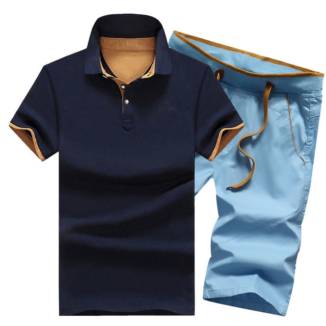 Polo Shirts Sets- 2 Piece Set Elastic Waist Shorts
