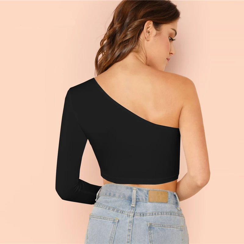 One Shoulder Solid Crop Tee
