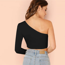 One Shoulder Solid Crop Tee