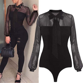 Bodysuit Women Sexy Bow Mock