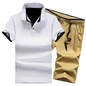 Polo Shirts Sets- 2 Piece Set Elastic Waist Shorts