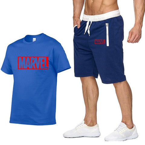 Image of Cotton T Shirts+Shorts Men Sets-MARVEL letter printing