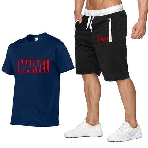 Image of Cotton T Shirts+Shorts Men Sets-MARVEL letter printing